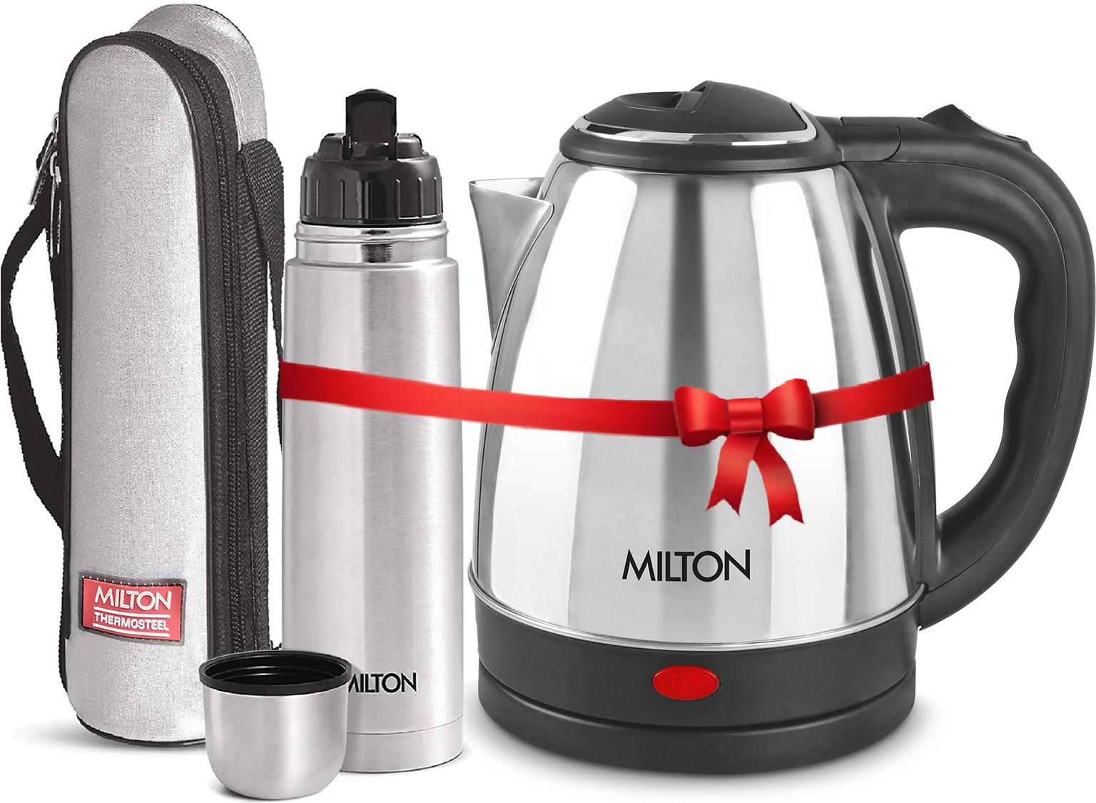 MILTON Combo Set Insta Electric Stainless Steel Kettle, 2 Litres, Silver and Flip Lid Thermosteel Hot or Cold Stainless Steel Water Bottle with Jacket, 750 ml, Silver Electric Kettle (2.75 L, Silver)